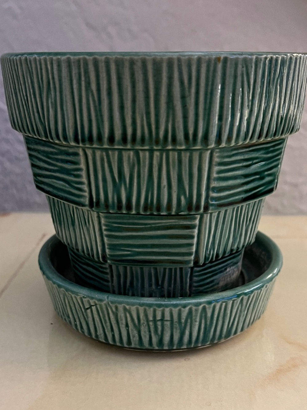 MCCOY POTTERY 1950'S BASKETWEAVE GREEN FLOWER POT PLANTER 5.25" EXCELLENT VTG